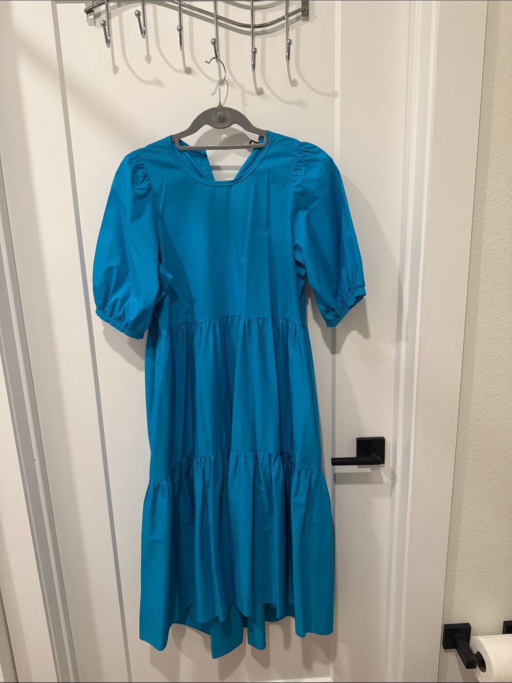 Bright Blue Puff-Sleeve Tiered Maxi Dress